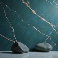 A minimalist image featuring an elegant bluetoned marble textured backdrop with natural rock patterns and grungy stone walls photo