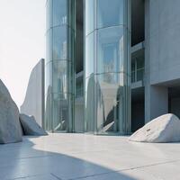 Stylized 3D rendering showcases an intricate futuristic glass structure atop an empty concrete platform photo