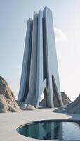 Stylized 3D rendering showcases an intricate futuristic glass structure atop an empty concrete platform photo