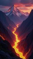 Digital abstraction featuring glowing mountain ranges and streaming light lava rivers photo