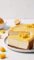 Delicious glazed mango cheesecake with fresh mango pulp toppings against a brightcolored setting Generative photo