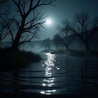 Spectral moonlit swamp with wispdancing fog dark waters twisted trees casting eerie shadows under the full moons glow photo