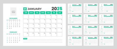 corporate Monthly pages dark color Planner Calendar Templates 2025 set. wall or desk simple 2025 Planner Calendar bundle with week start on Sunday. Set of 12 Months 2025 Wall quarterly calendar. vector
