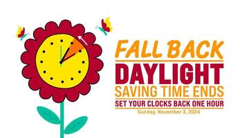 Fall Back daylight saving time ends 2024 background or banner design template. Fall Back Time 2024 is observed every year in November. Set Your Clock Back One Hour banner with clock. vector