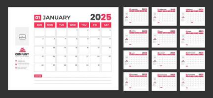 corporate Monthly pages dark color Planner Calendar Templates 2025 set. wall or desk simple 2025 Planner Calendar bundle with week start on Sunday. Set of 12 Months 2025 Wall quarterly calendar. vector