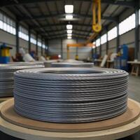 Wire coiled on a wooden reel in a warehouse setting photo