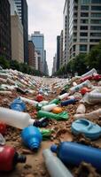 Bigcity view showcases pervasive plastic pollution as an environmental disaster affecting urban life and future generations Plastic Waste in Cities photo