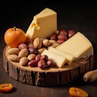 A rustic wooden cheese station features an aesthetically appealing array of cheeses nuts and dried apricots under warm lighting that highlights the textures while creating visual interest through photo