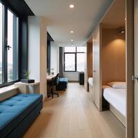 Image portrays a hostel hallway showcasing dormitory rooms and innovative storage solutions Hallway Design Hostel Interior Dormitory Rooms photo