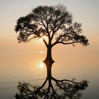 Tree reflection on tranquil waters amidst setting suns backdrop photo