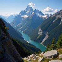 Stunning landscape featuring majestic mountains and flowing rivers illuminated by soft ethereal light photo