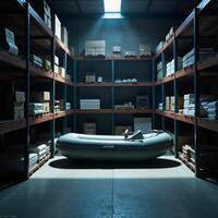 Illuminated organized shelves create a tranquil atmosphere within a warehouse corner photo