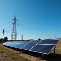 A hyperrealistic illustration featuring an intricate power system with renewable grid and electric transmission lines set against a backdrop of dynamic electric energy photo