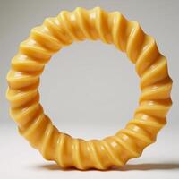 A photorealistic depiction of an infinity loop crafted from Swiss cheese on a pristine white studio backdrop photo