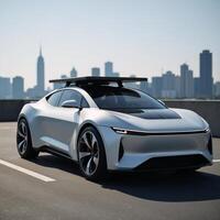 Futuristic illustration showcasing an electric vehicle equipped with solar panels for pollution reduction photo