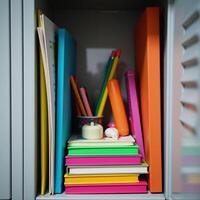 A vibrant display of personal items filling up a standard school locker photo