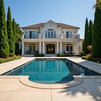 Magnificent twostory residence featuring an elegant swimming pool photo
