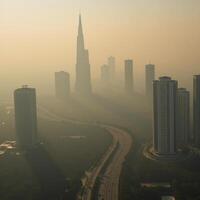 A panoramic aerial view captures the effects of toxic dust on urban landscapes symbolizing climate change air pollution and harm to the respiratory system photo