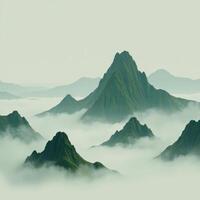 A minimalistic Chinese Brush Painting featuring wet ink renderings of a misty mountain landscape with green and blue hues employing diffused gradients for a traditional feel photo