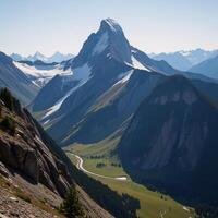 Mountains as the backdrop for a digital illustration in an impressionist style with vivid colors and dramatic peaks photo