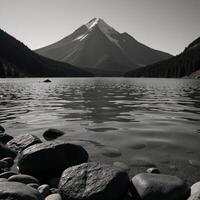 Blackandwhite drawing featuring a serene mountain range with a peaceful lake in the foreground photo