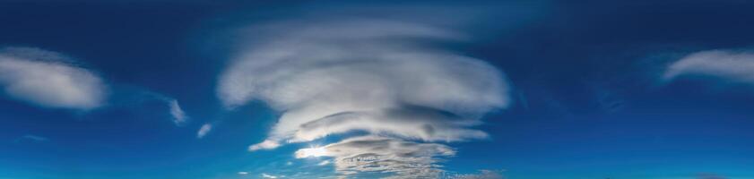 Blue sky with Cirrus clouds Seamless panorama in spherical equirectangular format. Complete zenith for use in 3D graphics, game and for composites in aerial drone 360 degree panoramas as a sky dome photo