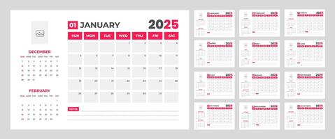 corporate Monthly pages dark color Planner Calendar Templates 2025 set. wall or desk simple 2025 Planner Calendar bundle with week start on Sunday. Set of 12 Months 2025 Wall quarterly calendar. vector