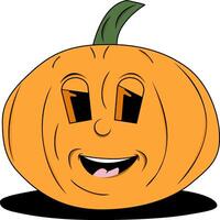 Smiling pumpkin with large eyes and a green stem, perfect for Halloween designs, autumn decorations, festive social media posts. vector