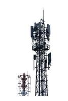 Two Telecommunication Towers Isolated on White Background for Technology and Communication Concepts photo