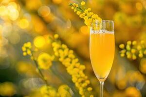 Mimosa cocktail standing near blooming cootamundra wattle on blurred background photo
