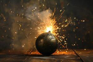 Round bomb exploding with sparks flying on wooden surface photo