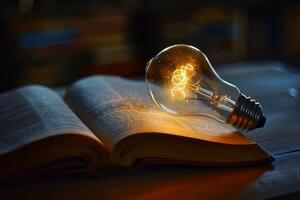 Light bulb shining on open book symbolizing knowledge photo