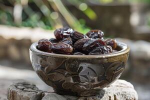 Bowl overflowing with medjool dates in a garden setting photo
