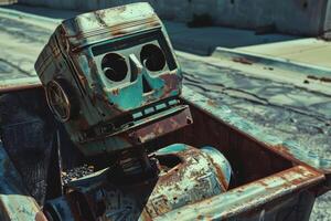Old broken robot looking sad lying down in dumpster photo