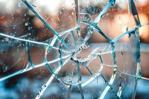 Broken glass showing sharp edges reflecting winter sunlight photo