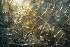 Sun shining through a broken glass window photo