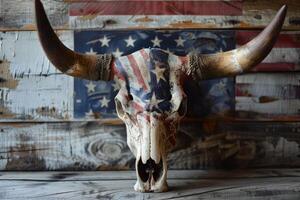 Longhorn skull with american flag painted on it displayed on rustic wood photo