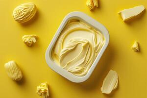 Butter curls surrounding a tub of spreadable butter on a yellow background photo