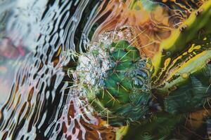 Cactus floating on water surface creating abstract reflections photo