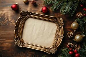 Christmas frame lying on wooden desk surrounded by ornaments and pine branches photo