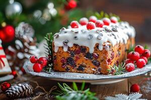 Christmas fruit cake decorated with red berries and white icing being displayed on a table photo