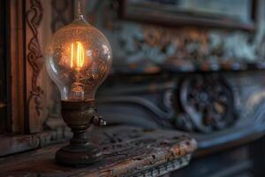 Old fashioned lightbulb glowing on rustic table photo