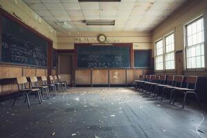 Empty classroom with dilapidated walls and scattered papers photo