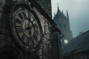 Ancient clock showing the passage of time on a church tower photo