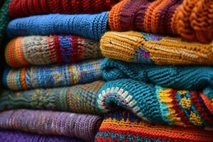 Stack of colorful knitted wool sweaters forming a texture background photo