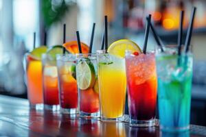 Bartender preparing colorful cocktails for a party on a bar counter photo
