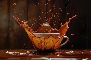 White coffee cup overflowing with coffee splashing on dark background photo