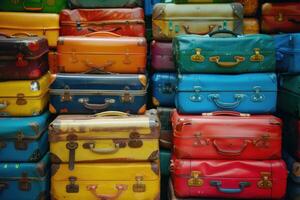 Stack of vintage suitcases forming a colorful background photo