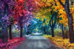 vacío camino líder mediante arboles con vibrante de colores hojas foto