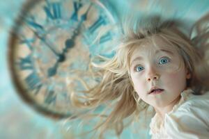 Little girl falling through time looking at camera with clock in background photo